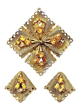 Vintage 1960s Amber Rhinestone SET Brooch Earrings